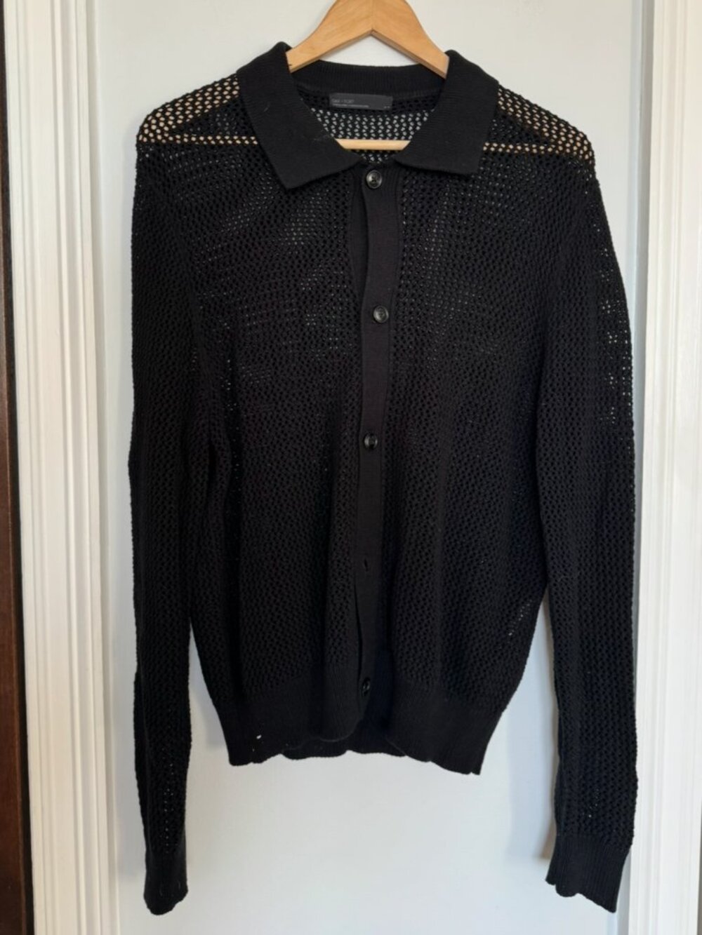 Oak & Fort Black Crochet Long Sleeve Button Up Polo in Medium
